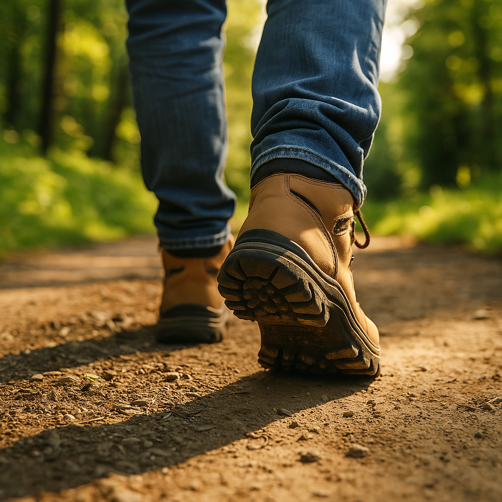 Close-up of tan hiking boots walking along a sunlit forest trail, symbolizing outdoor travel and tick bite prevention.