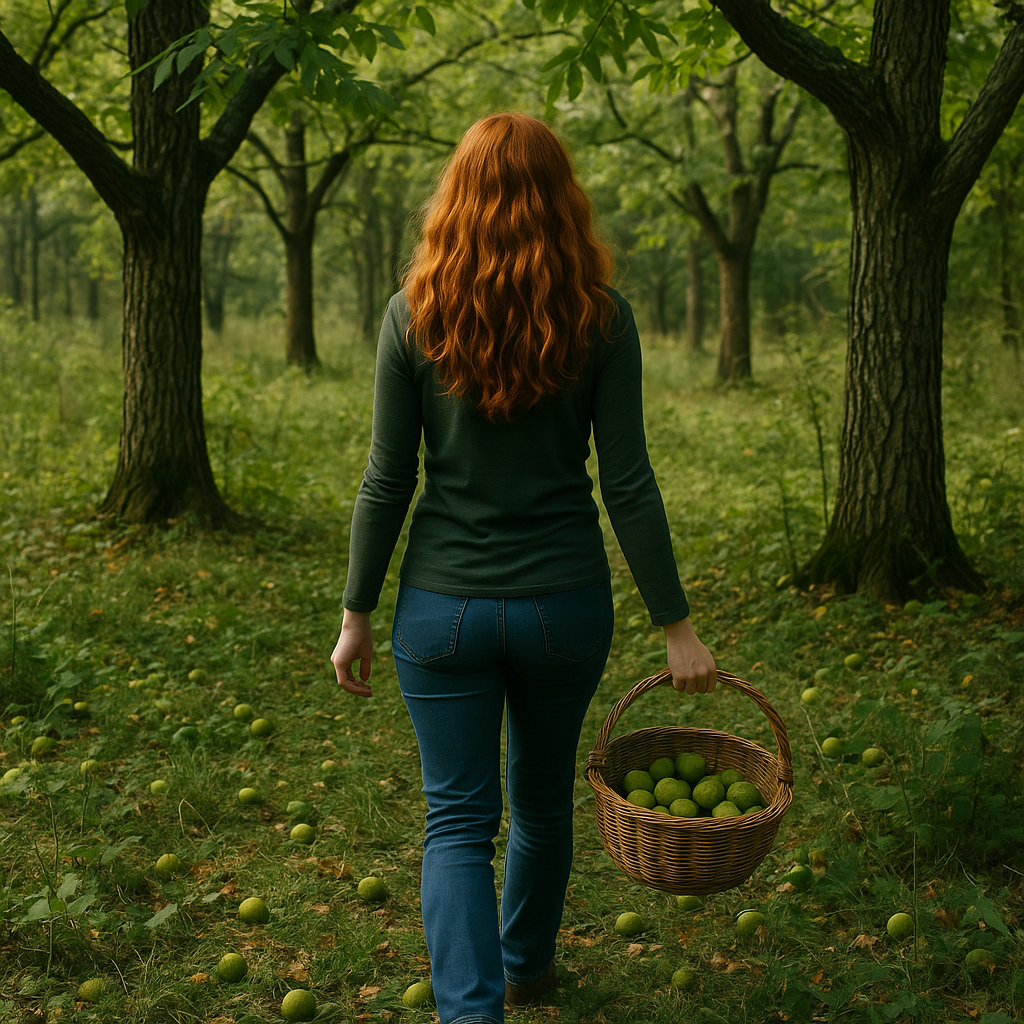 Redheaded woman walking through a black walnut grove with a basket, gathering freshly fallen walnuts
