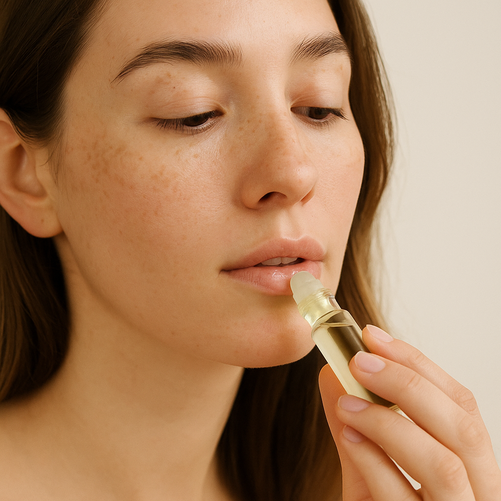 Woman applying natural botanical lip gloss with a rollerball applicator, vegan and plant-based skincare