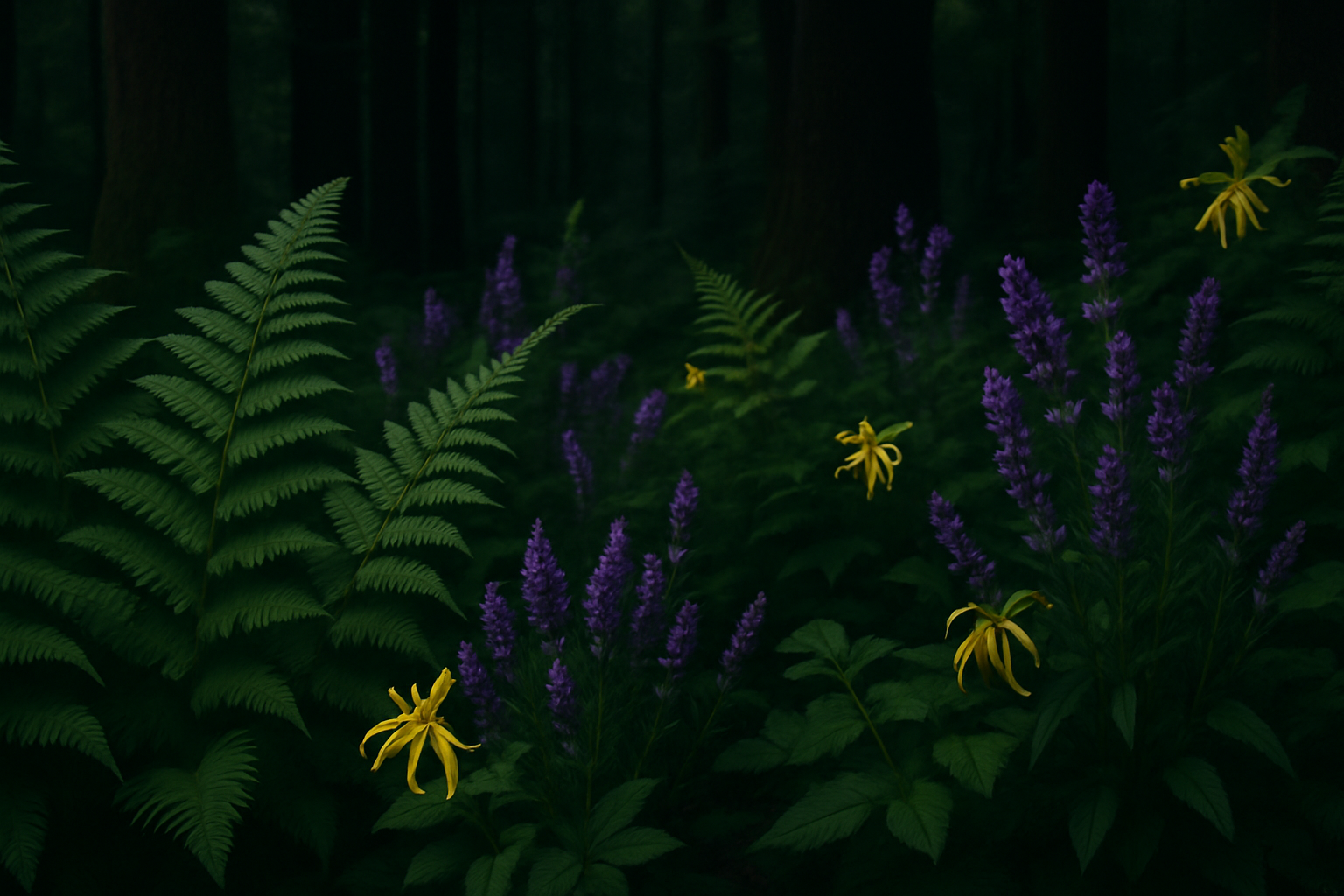 Dark forest with ferns and purple flowers glowing under ultraviolet light