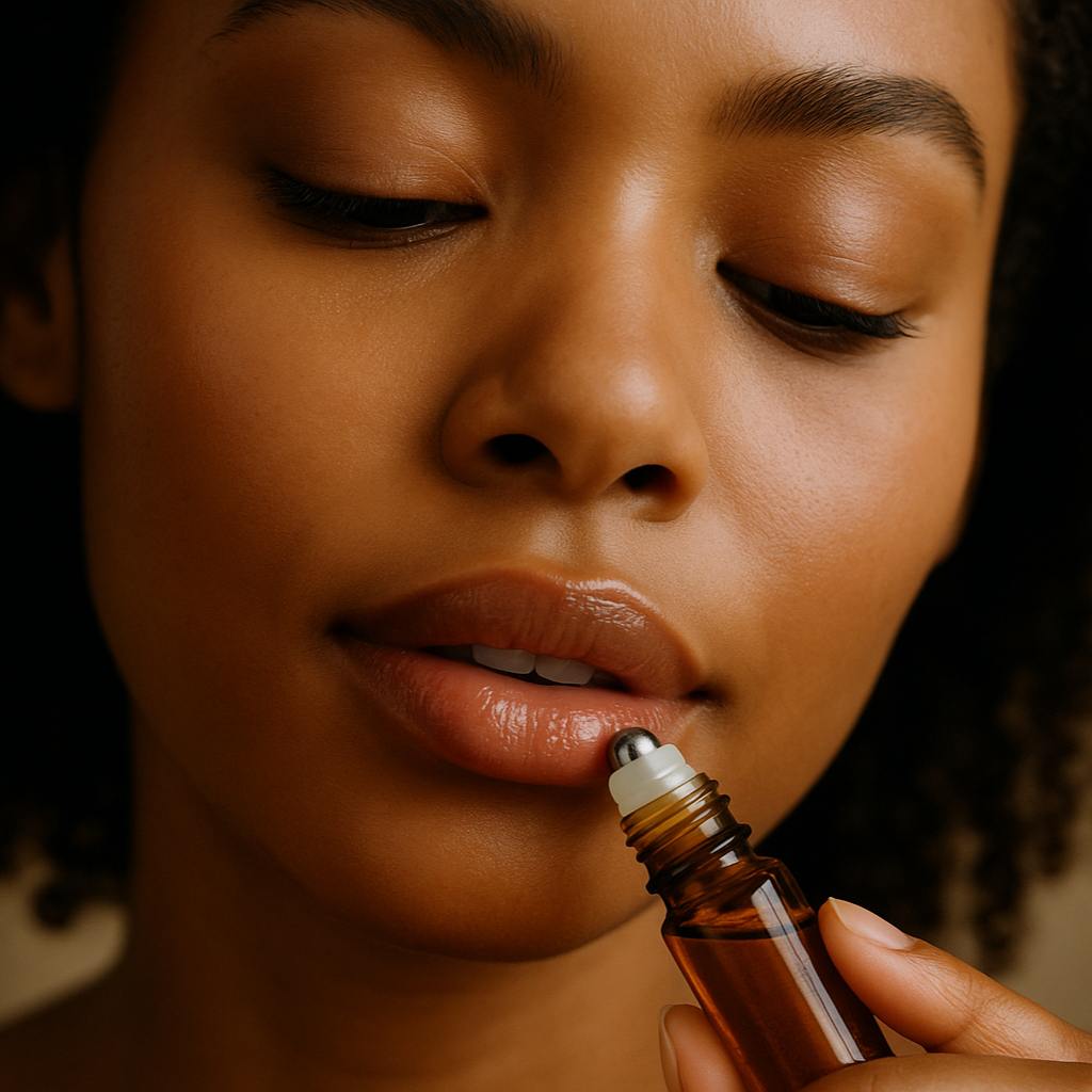 woman applying lip gloss using a roller ball bottle of Fyrn™ unscented lip care.