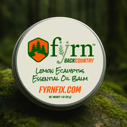 Fyrn Backcountry lemon eucalyptus essential oil balm used before heading out in the woods or nature.