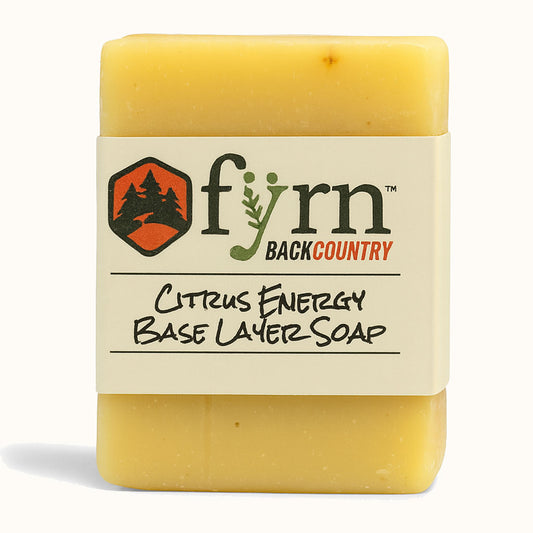Bar of soap with a 'fyrn' label on a white background
