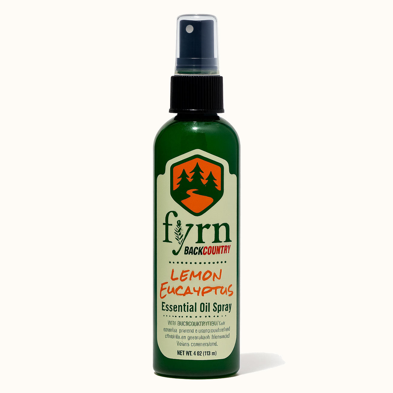 Green bottle of fyrn Backcountry Lemon Eucalyptus Essential Oil Spray on a white background