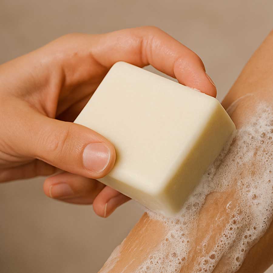 Hand holding a bar of soap with soap suds on skin against a neutral background