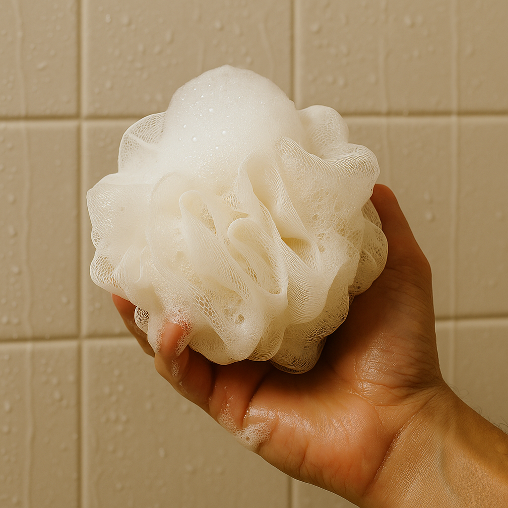 Hand holding a white bath pouf against a tiled bathroom wall.