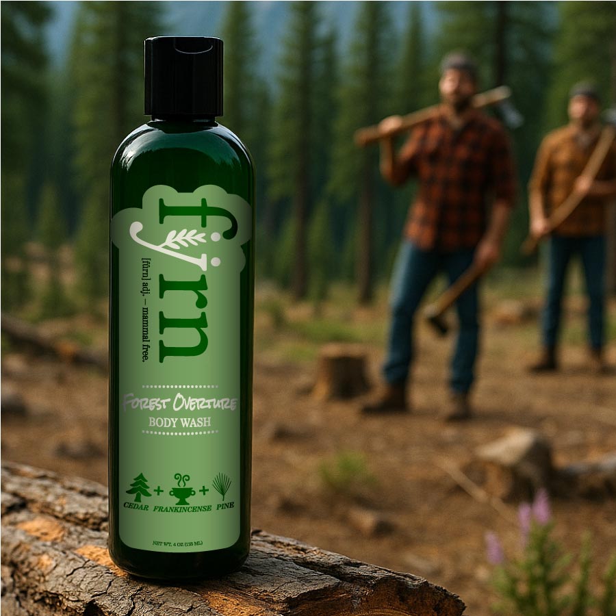Bottle of 'Fyrn' Forest Overdrive Body Wash on a log with two people in the background holding axes in a forest setting.