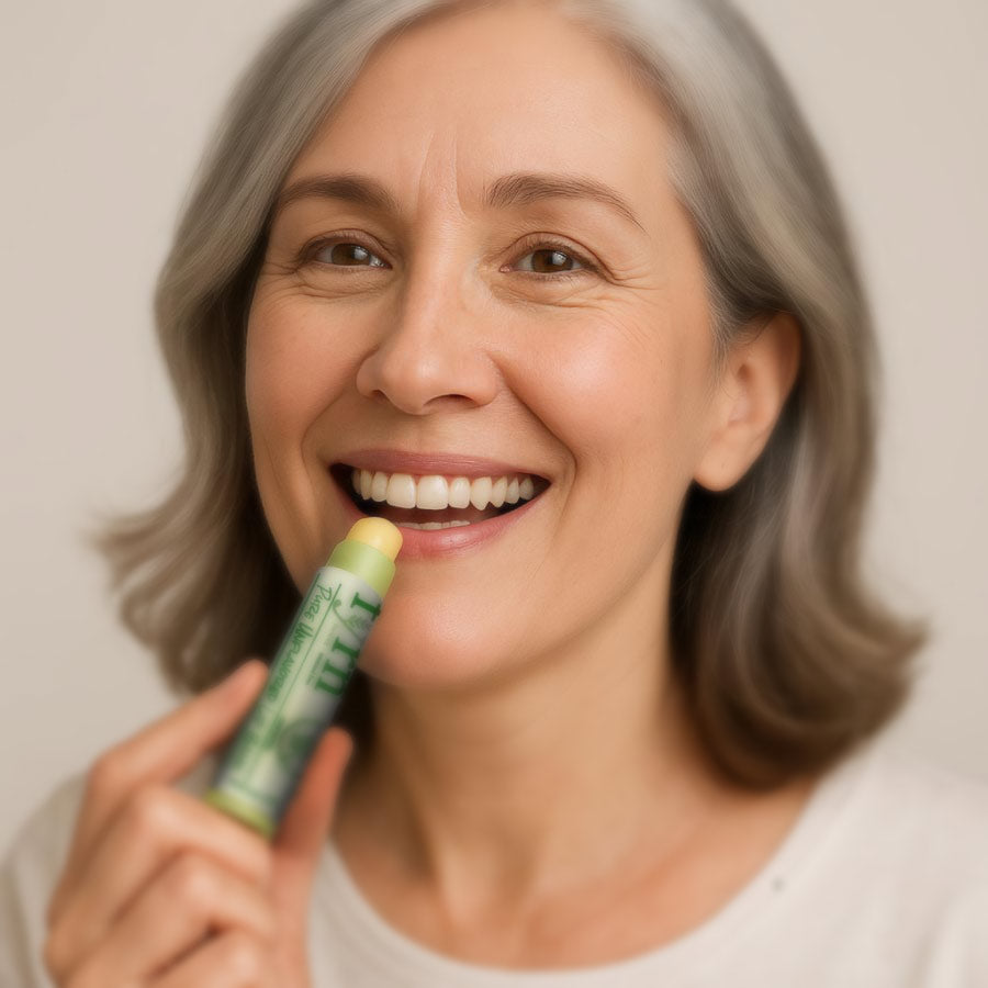 Woman applying a green lip balm to her lips against a plain background