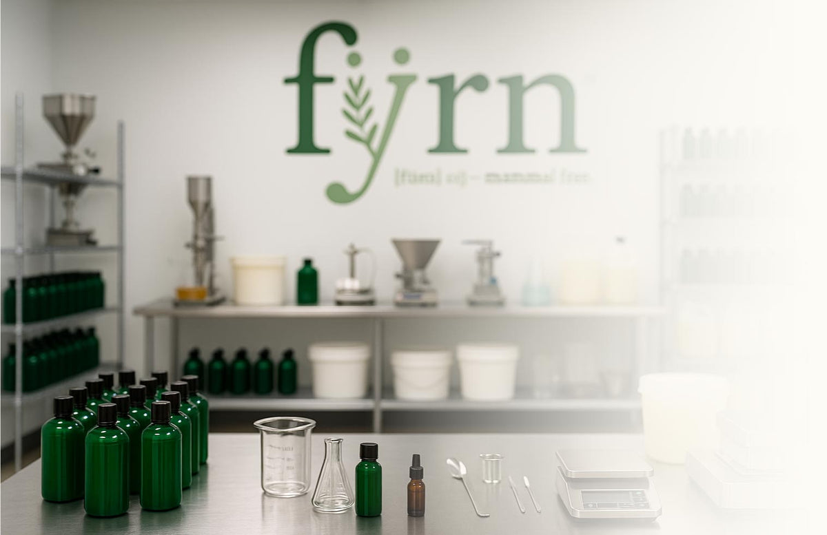Laboratory setting with green bottles and 'fyrn' branding on a white wall.