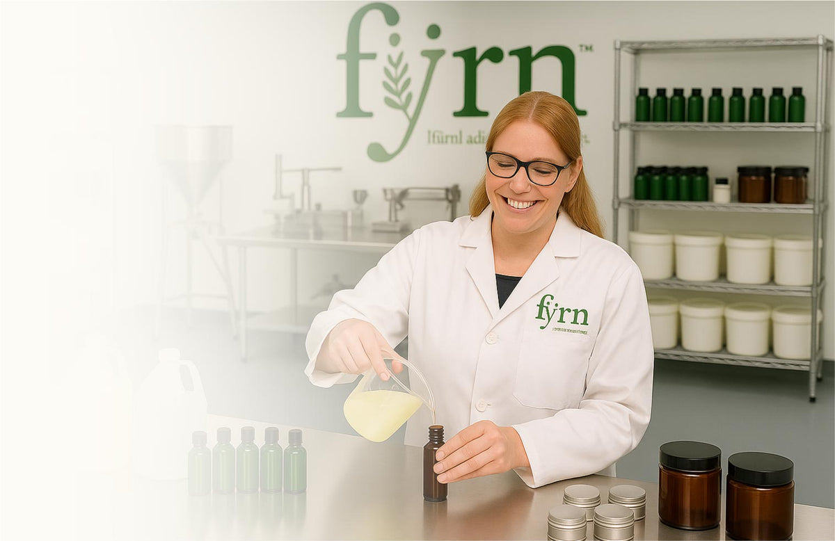 Person in a lab coat working with fyrn products in a laboratory setting