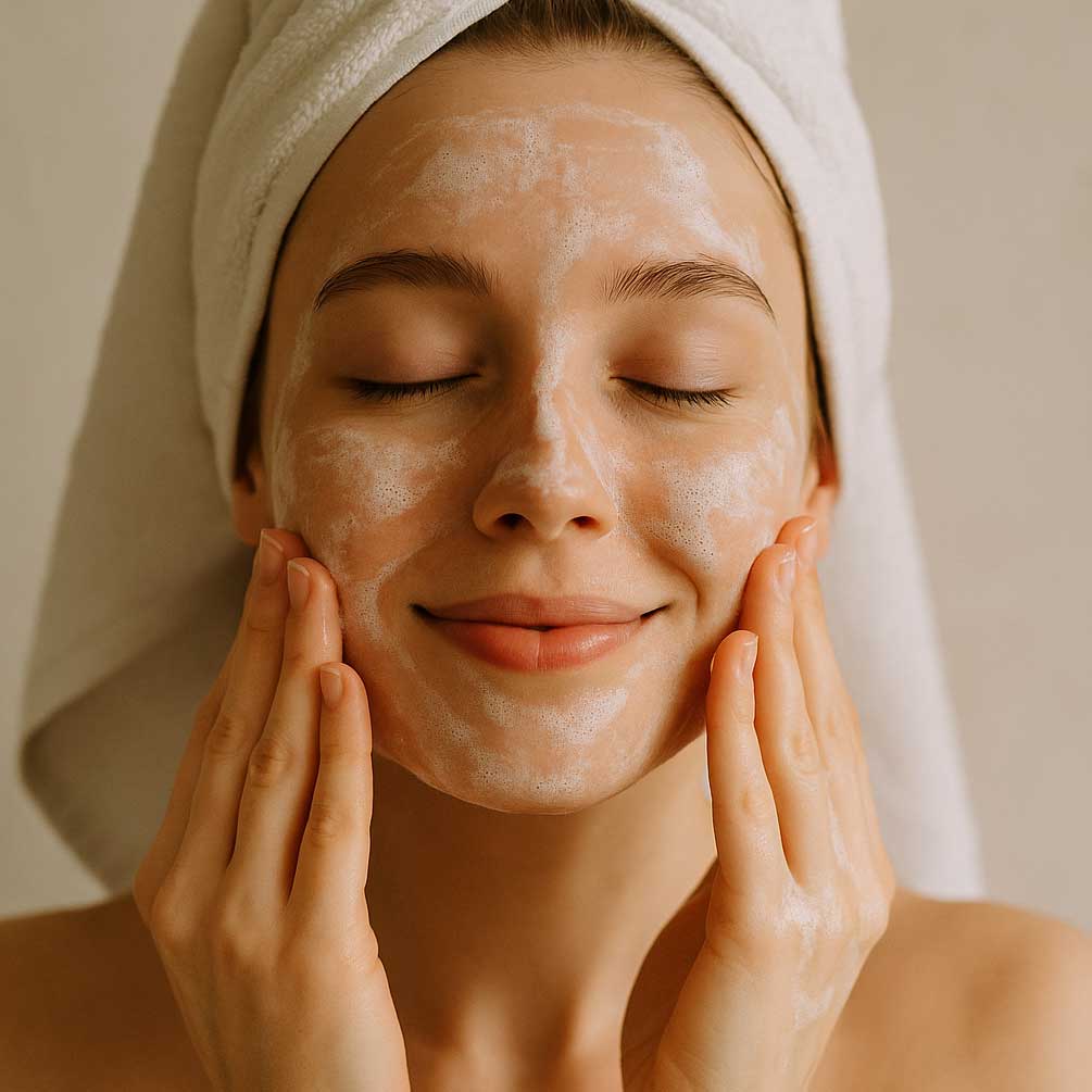 Woman happily washing her face with a towel on her head, against a neutral background