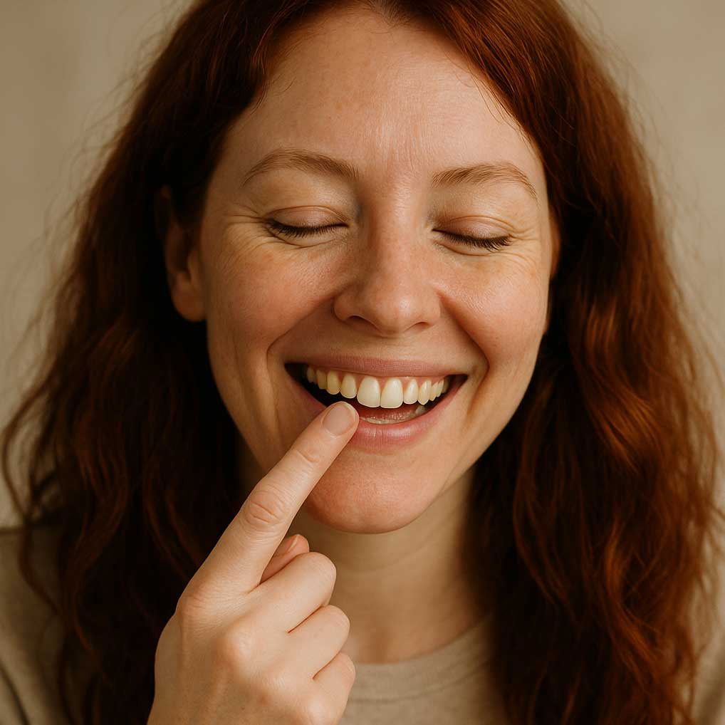 Woman applying mammal free alpha-gal safe lip balm with her finger.