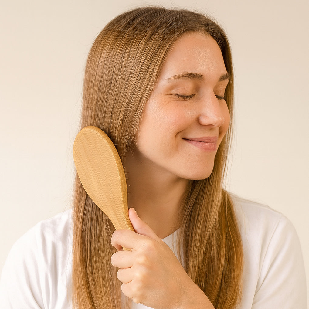 Woman holding a wooden hairbrush with a plain background
