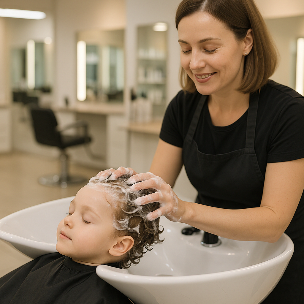 hairstylist washing a child's hair in the salon