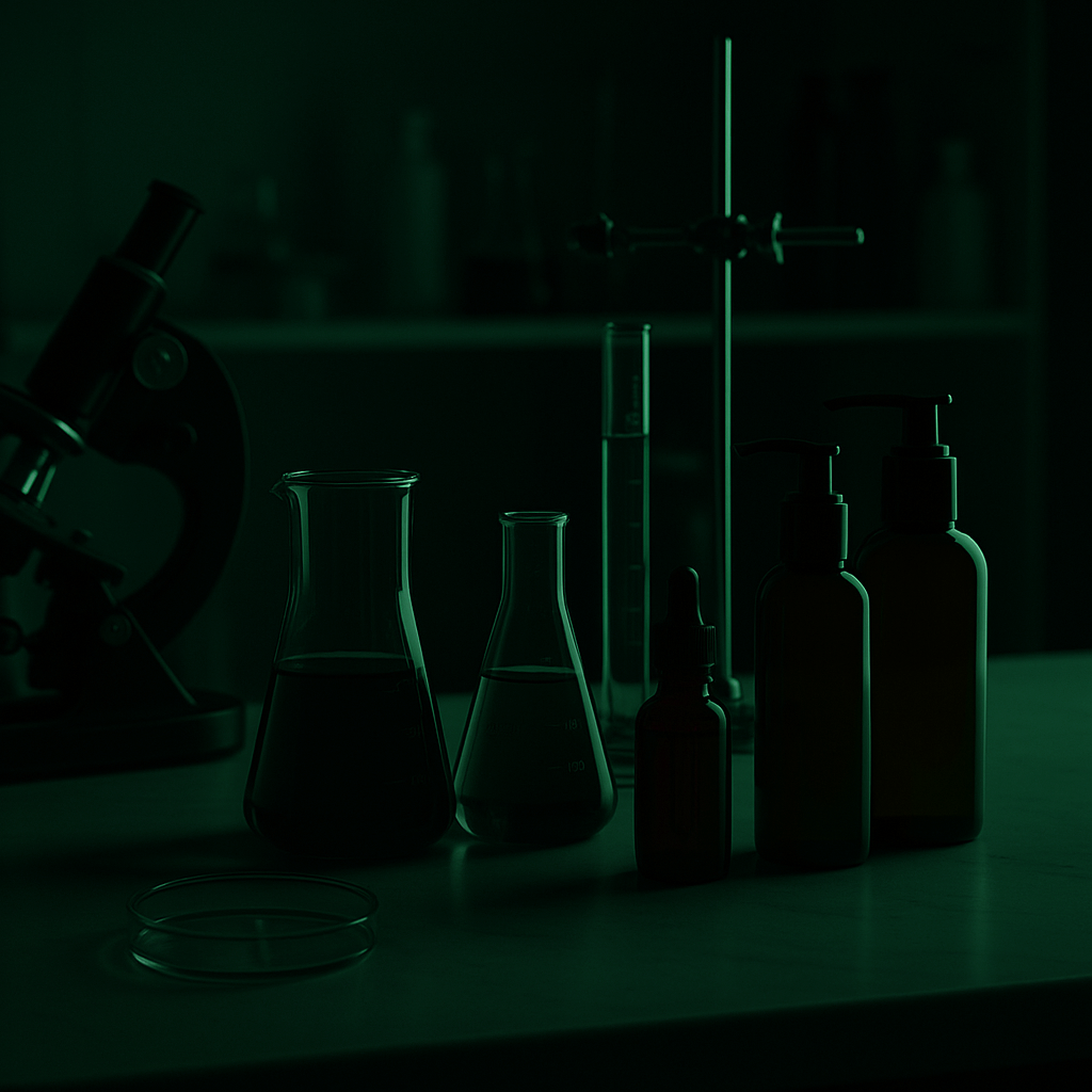 Dark green laboratory setting with beakers and bottles on a table.