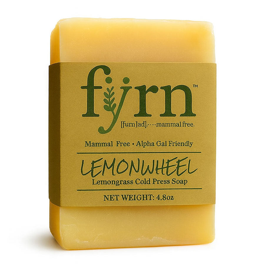 Bar of soap with a yellow label featuring the brand 'fyrn' on a white background.
