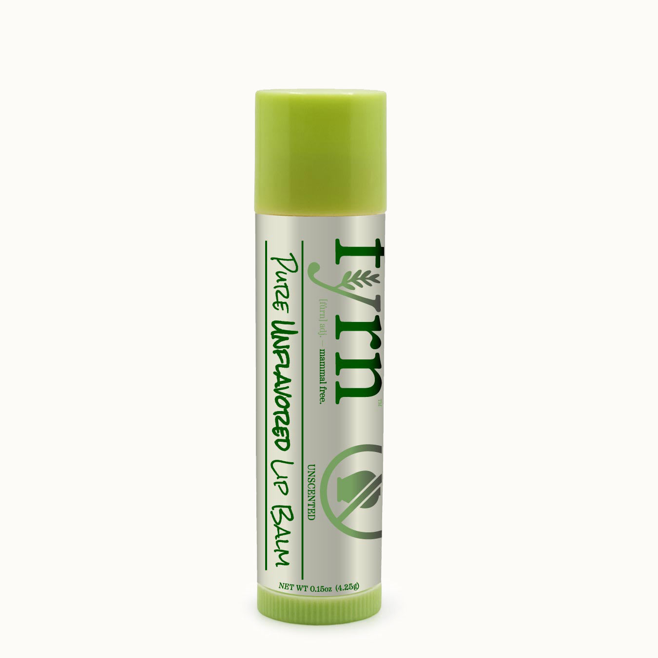 Lip balm with green cap and label on a white background