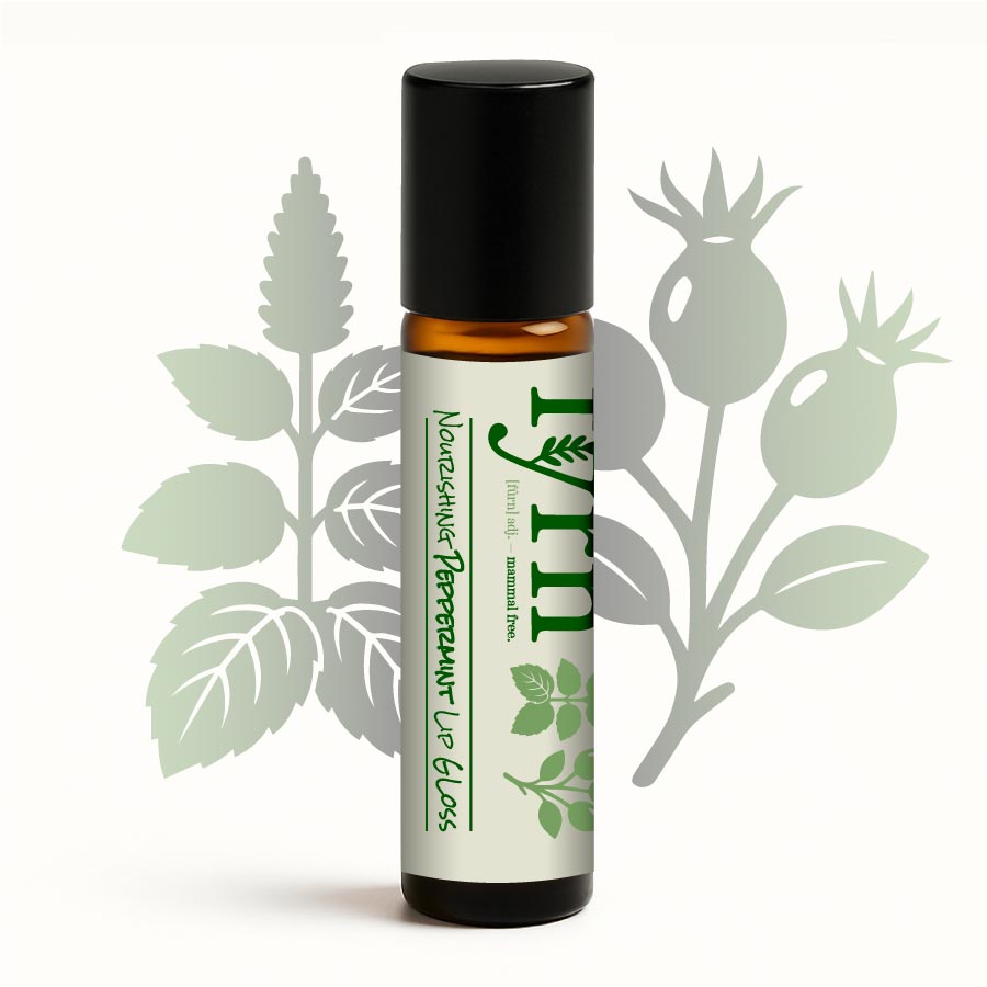 Roll-on bottle with green label and black cap on a white background with plant illustrations.