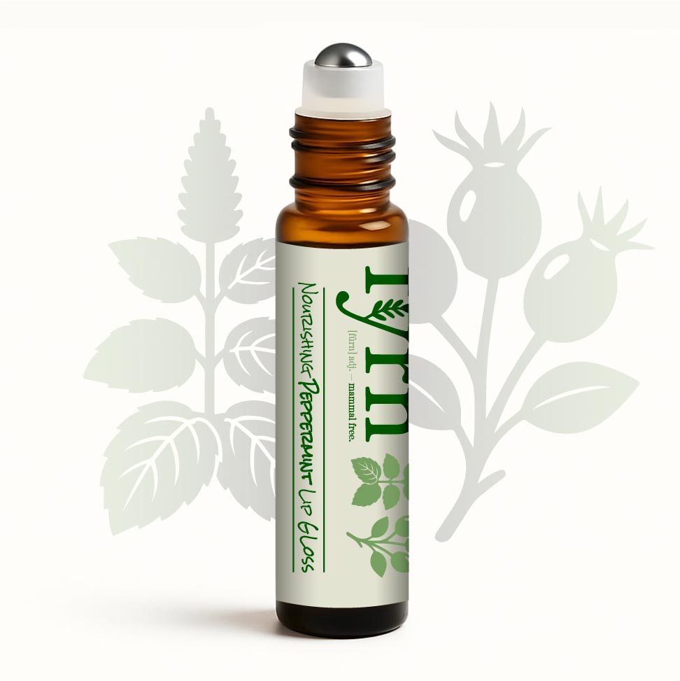 Roll-on bottle of essential oil with a white background and leaf graphics