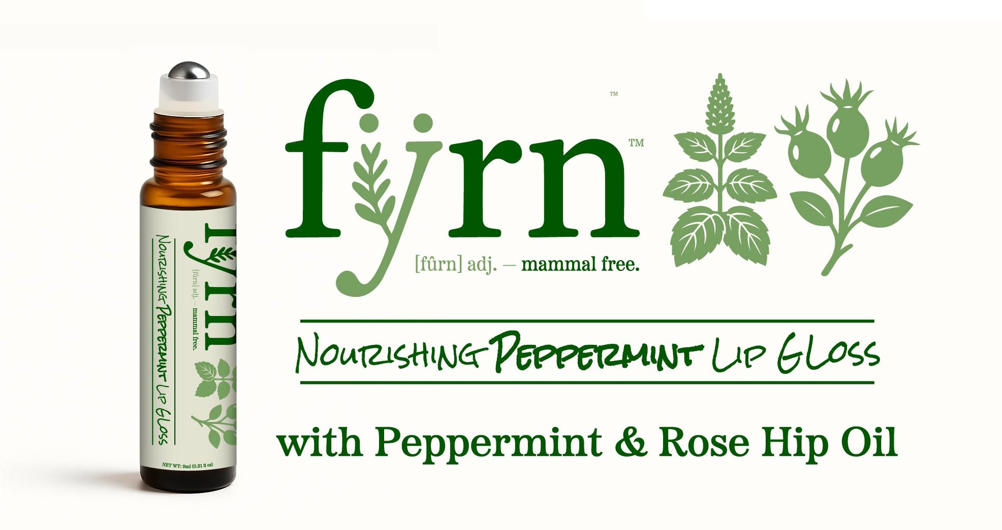 Fynn lip gloss bottle with branding and product description on a white background