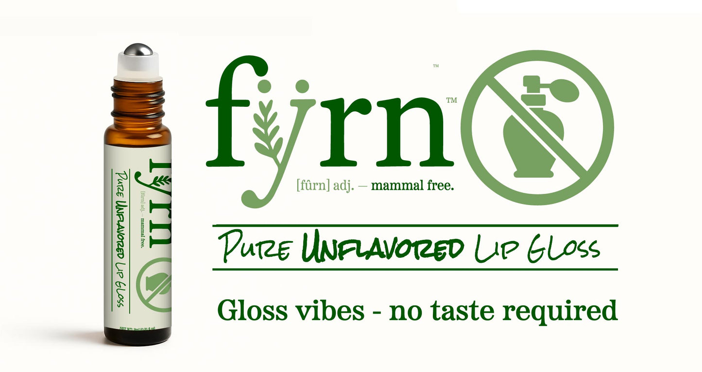 Fyrn pure unflavored lip gloss bottle with branding and product description on a white background