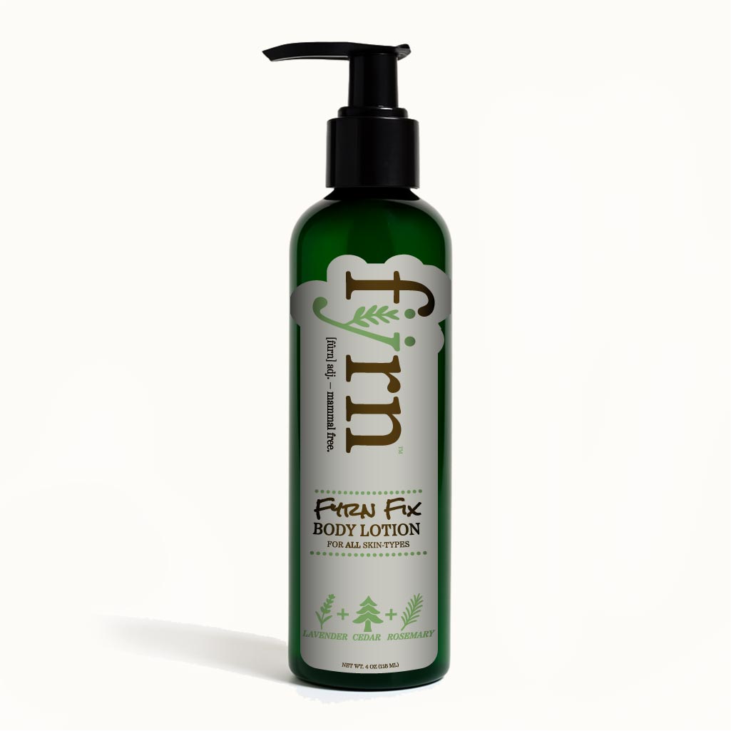 Green bottle of Firn Fix Body Lotion on a white background