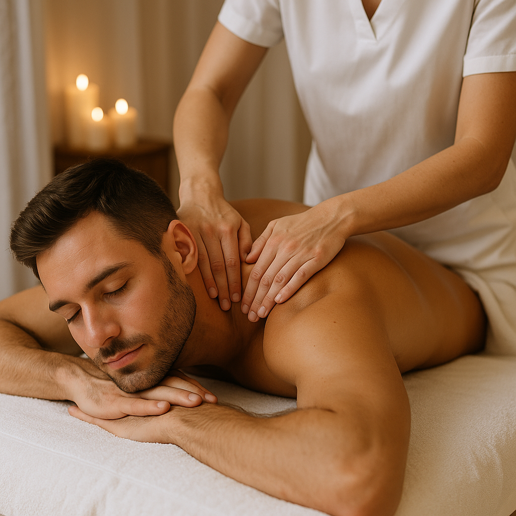 Man receiving a massage from a professional in a spa setting.