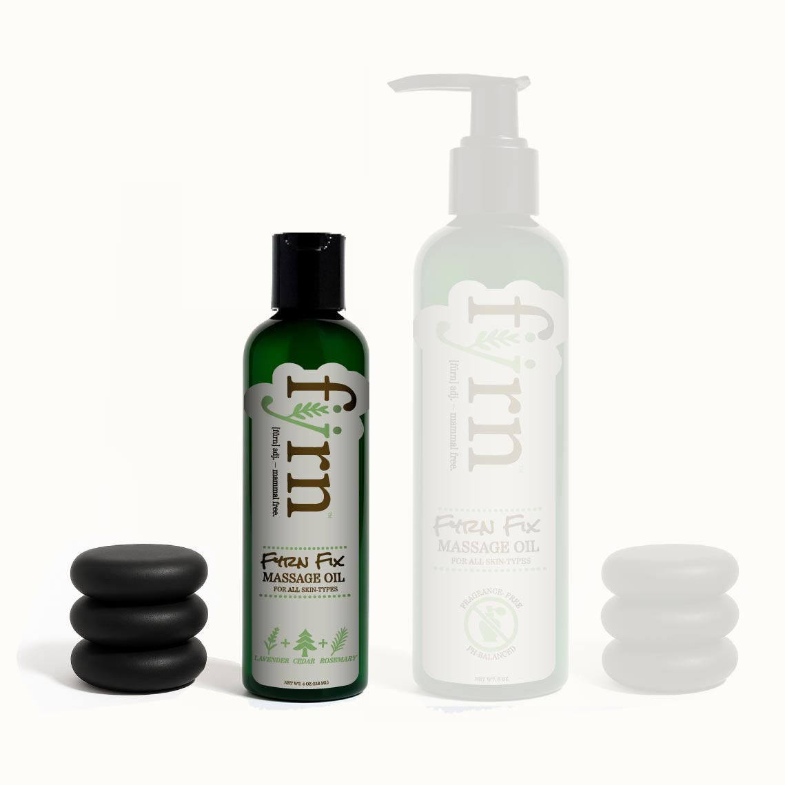 Two massage oil bottles with pump and stones on a white background