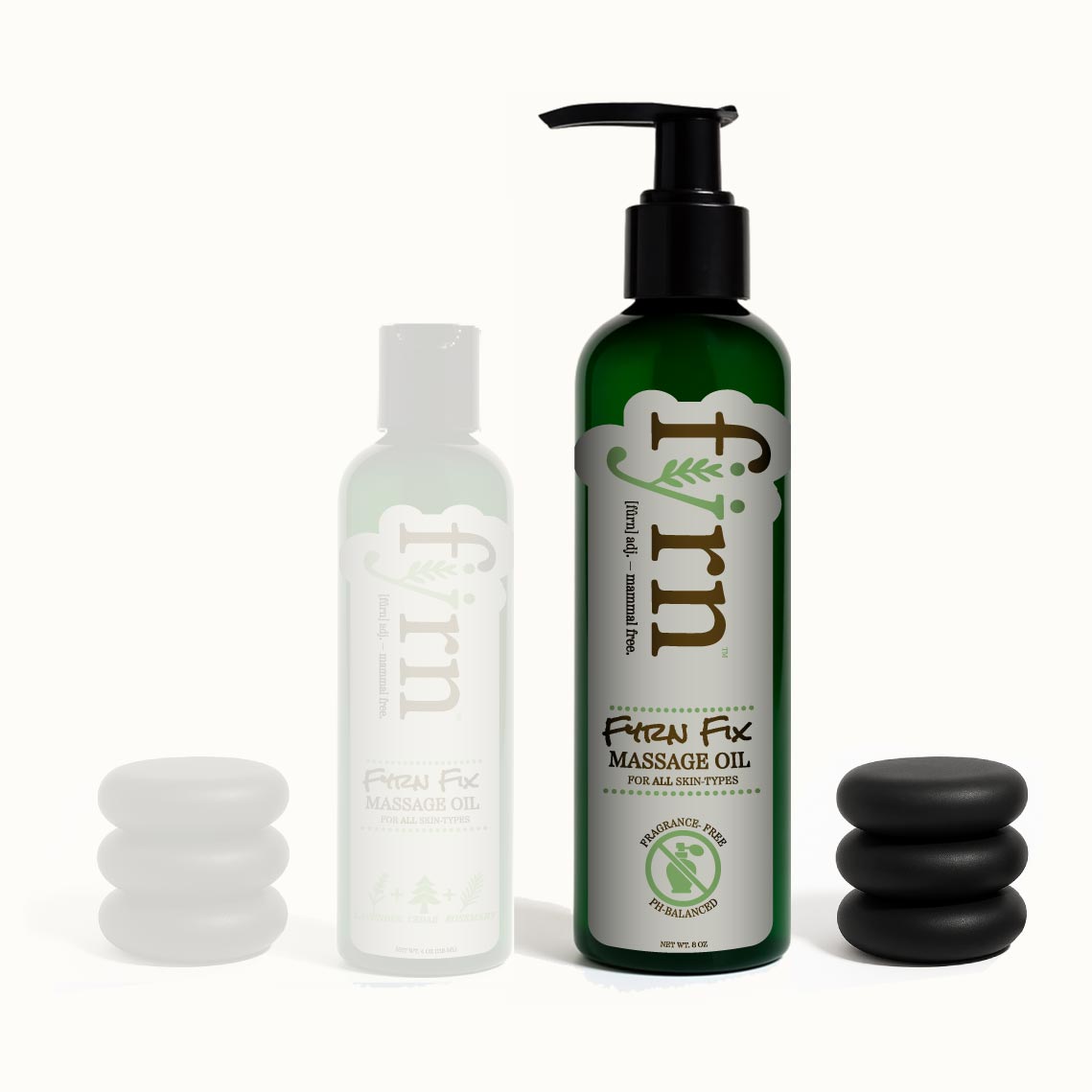 Two massage oil bottles with pump and stones on a white background