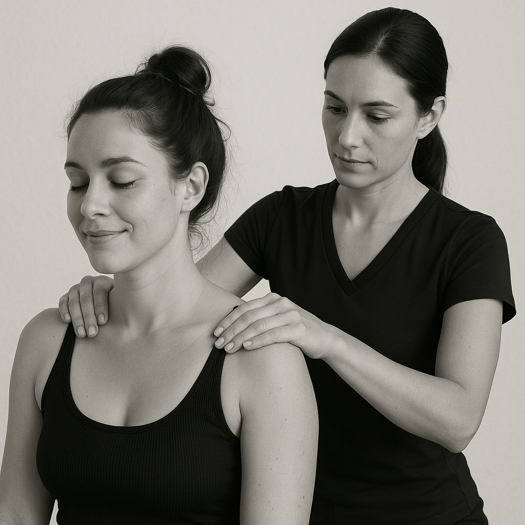 Two women in a massage or therapy setting, one receiving a shoulder massage from another.