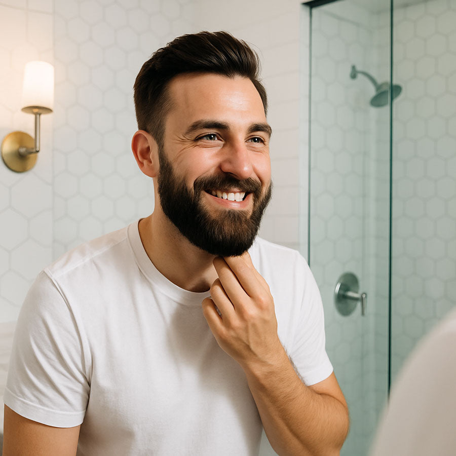 Man with a beard smiling in front of a bathroom mirror