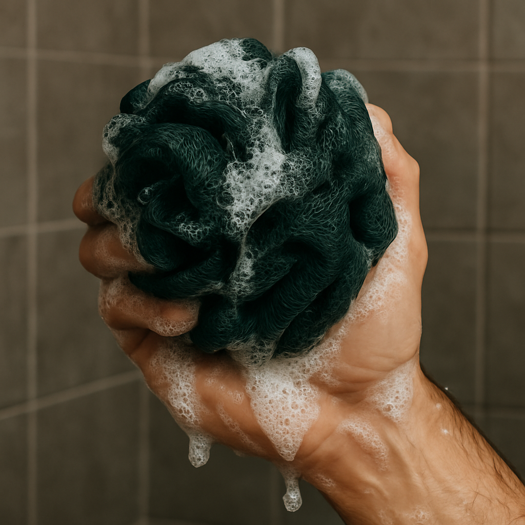 Hand holding a green loofah with soap suds against a tiled bathroom background