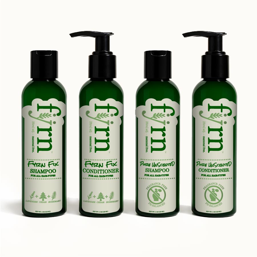 Four bottles of Furen Fix shampoo and conditioner on a white background