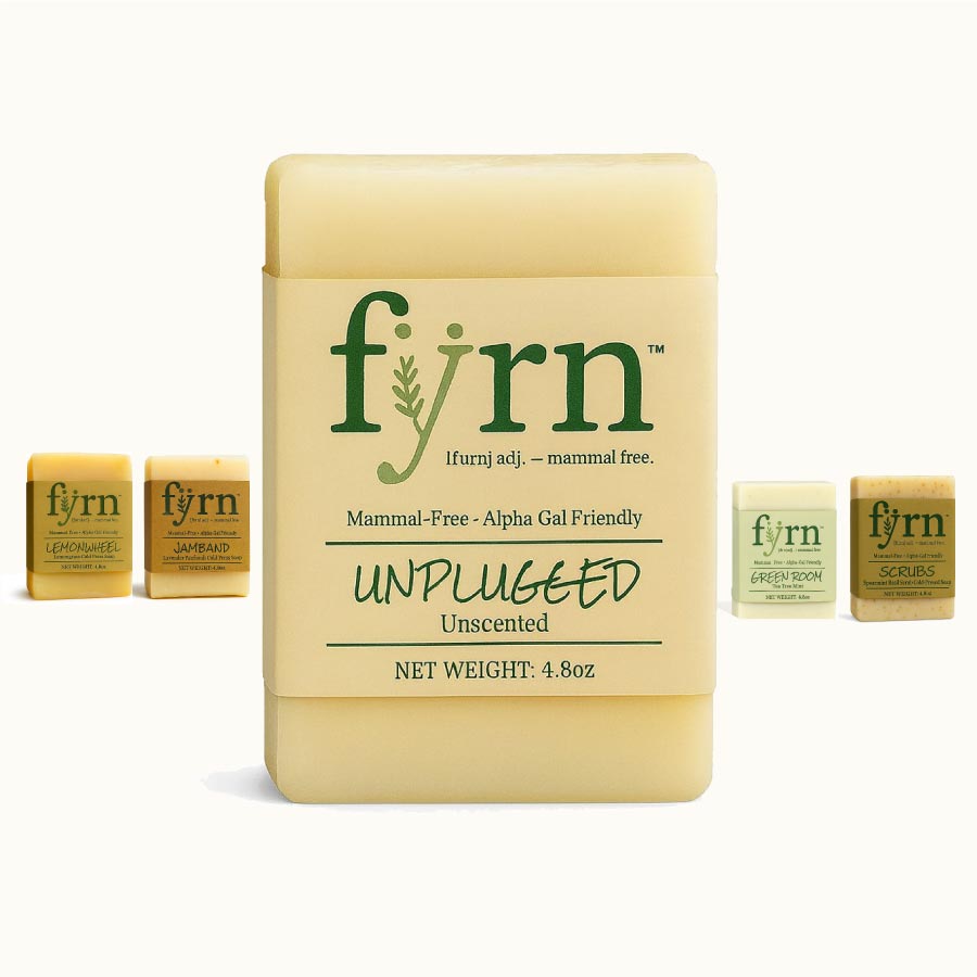Fyrn Unplugged unscented soap bar with smaller soap bars and packaging on a white background