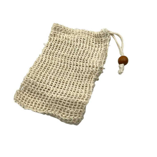 Natural jute drawstring bag with a wooden bead on a white background