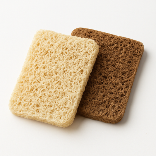 Two sponges, one beige and one brown, on a white background