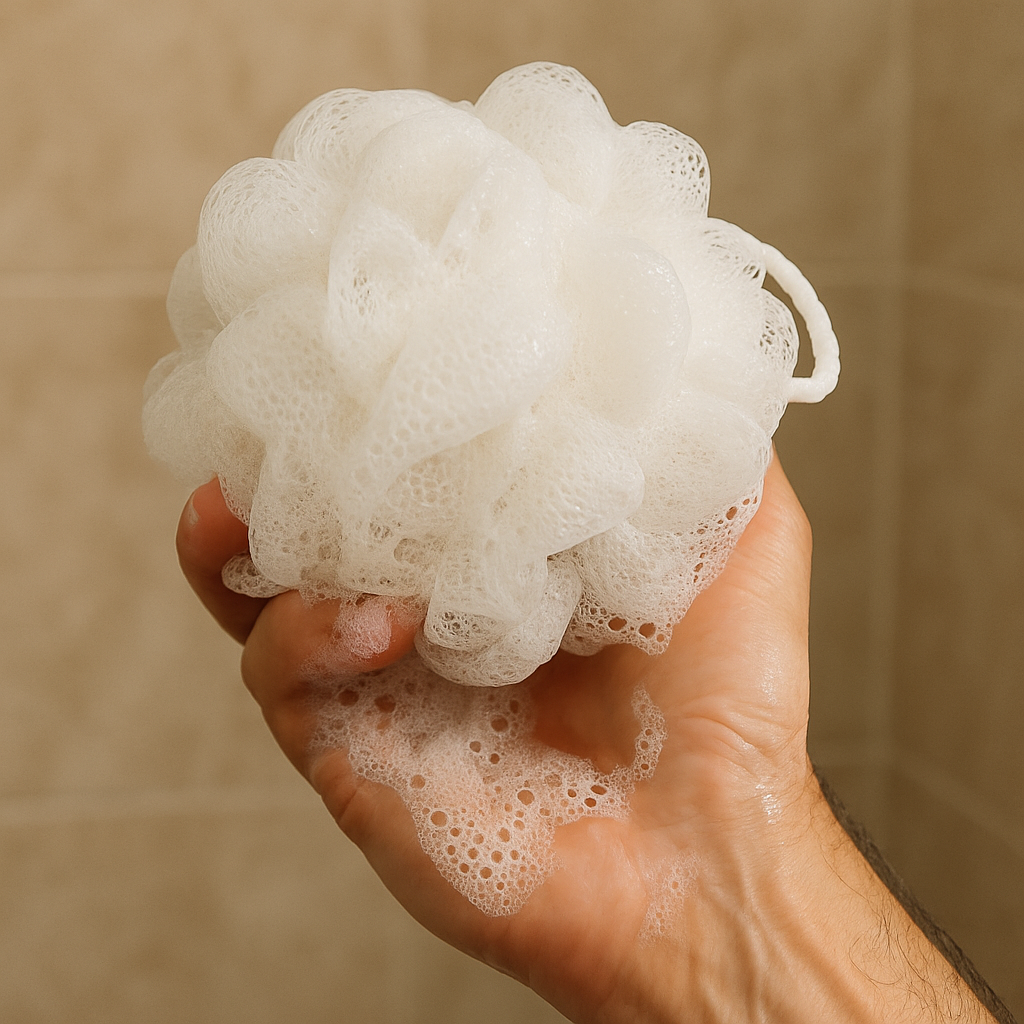 Hand holding a white loofah with soap suds against a beige tiled wall.