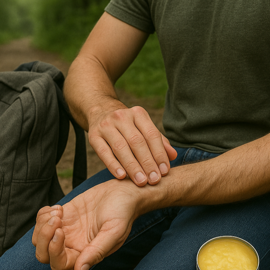 hiker applying a cooling balm after a long day