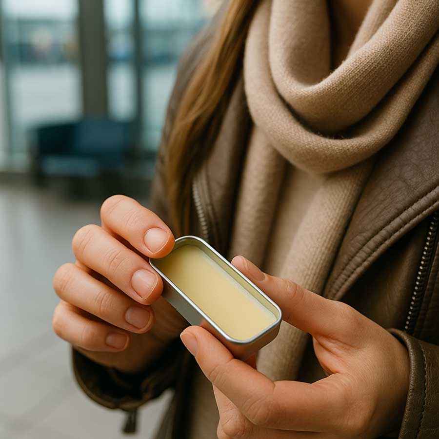 Person holding a small tin of lip balm in an indoor setting