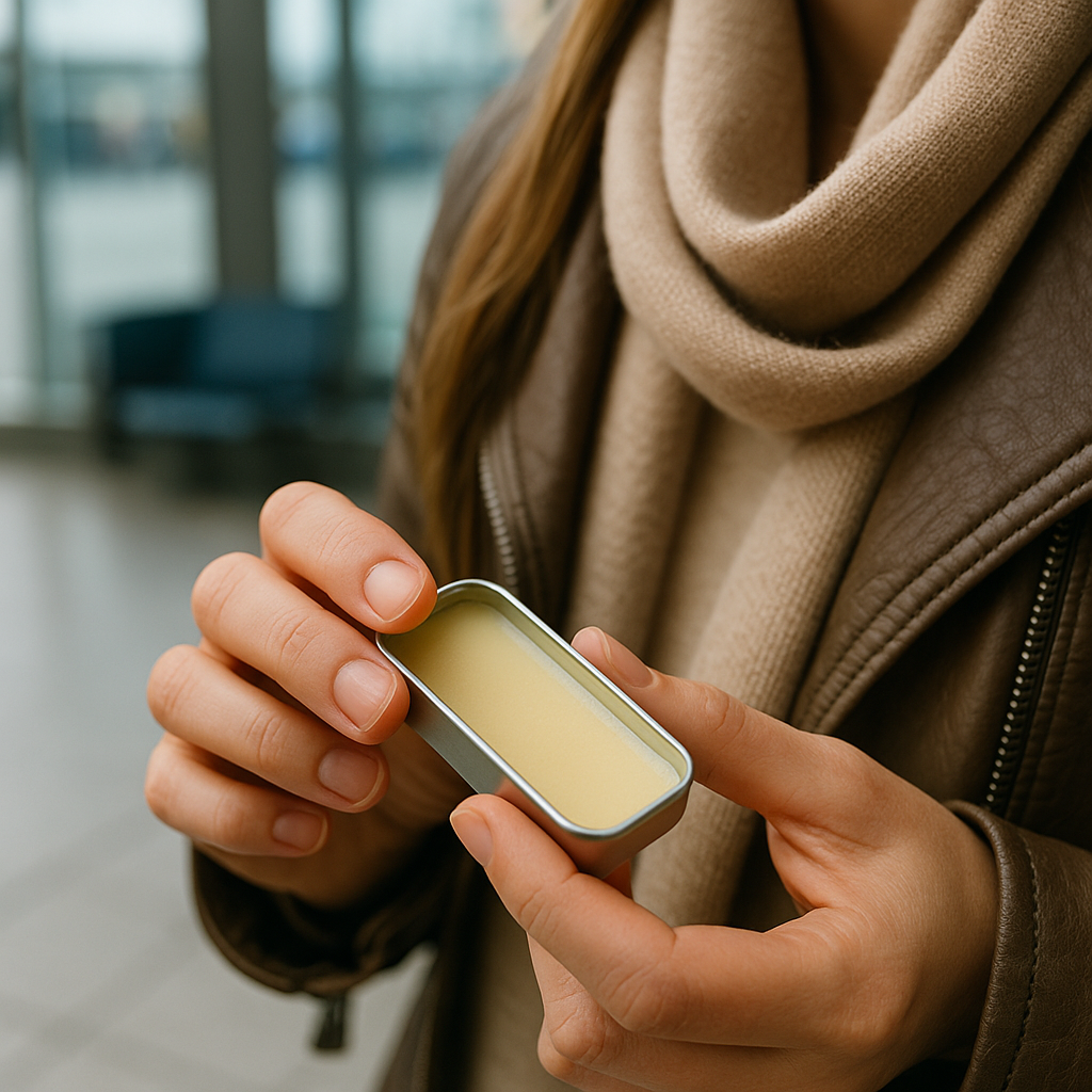 Person holding a small container of lip balm in a blurred indoor setting