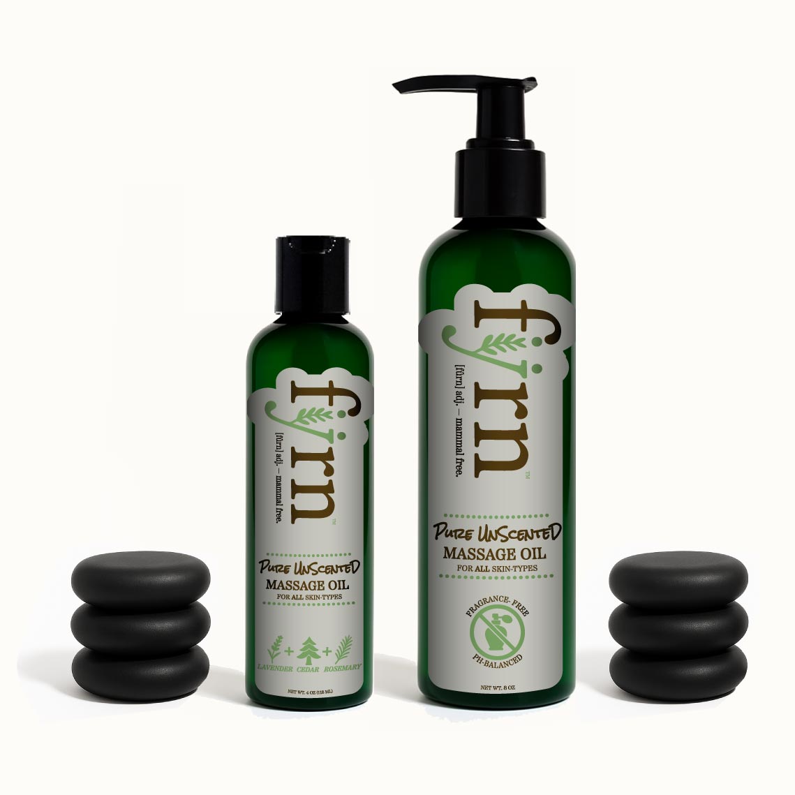 Two bottles of Farn Pure UnscentedMassage Oil with two black massage stones on a white background.