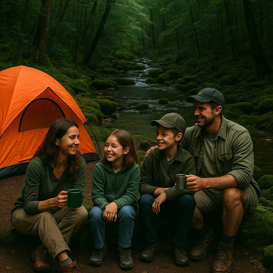 Family of four sitting by a tent by a stream in a forest