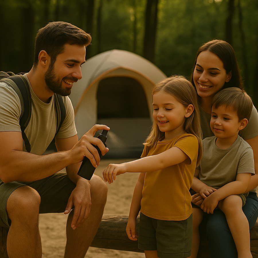 family applying insect spray while camping outdoors.