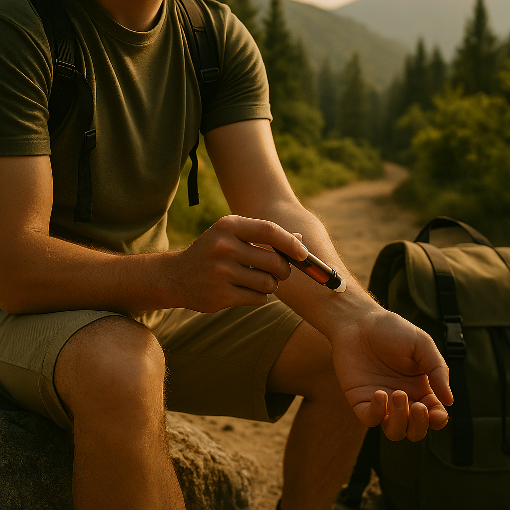backpacker applying a roll-on before heading outdoors.