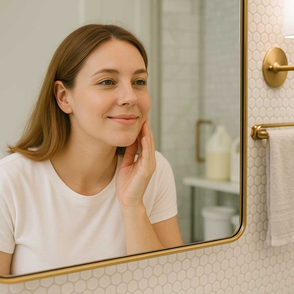 Woman examining her skin in a bathroom mirror.