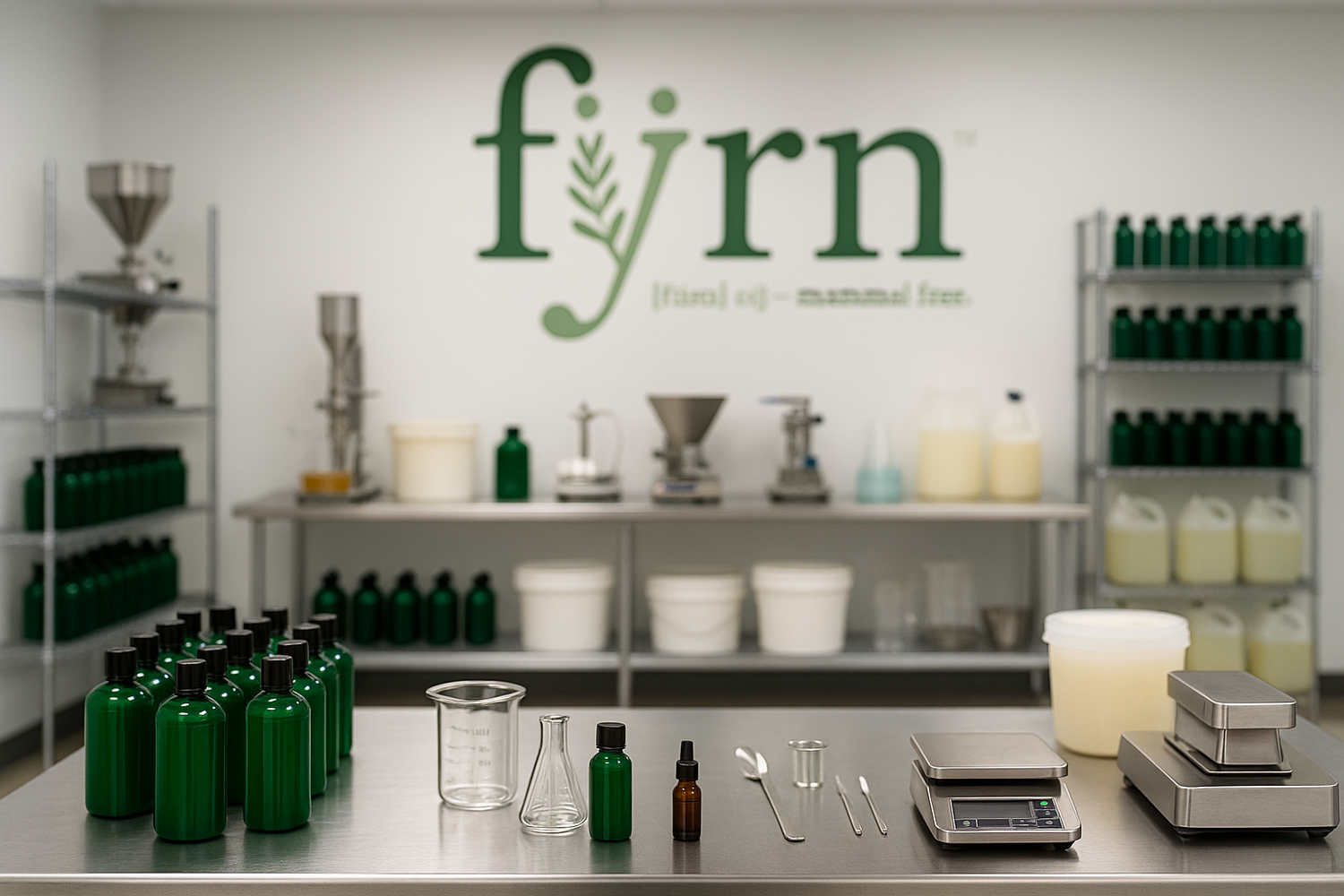 Laboratory setting with 'fyrn' branding on the wall, shelves with bottles, and scientific equipment.