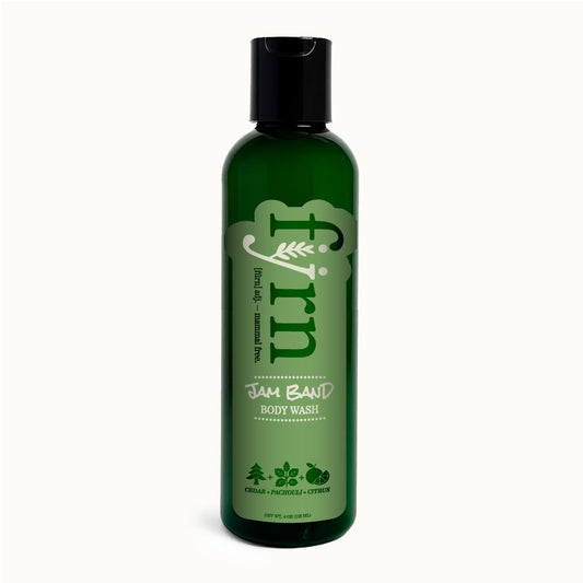 Green bottle of body wash with black cap on a white background