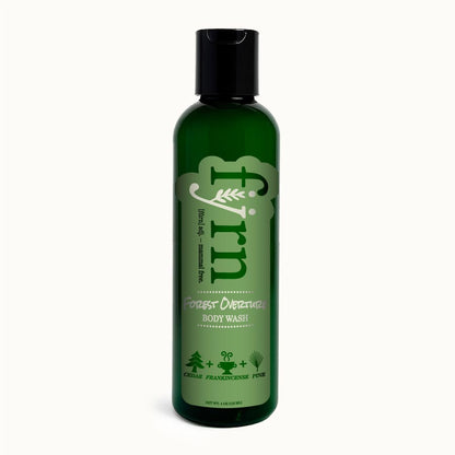 Green bottle of body wash with branding on a white background