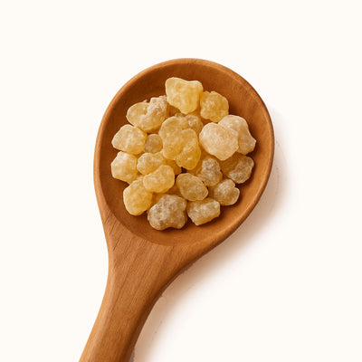 Wooden spoon filled with frankincense on a white background
