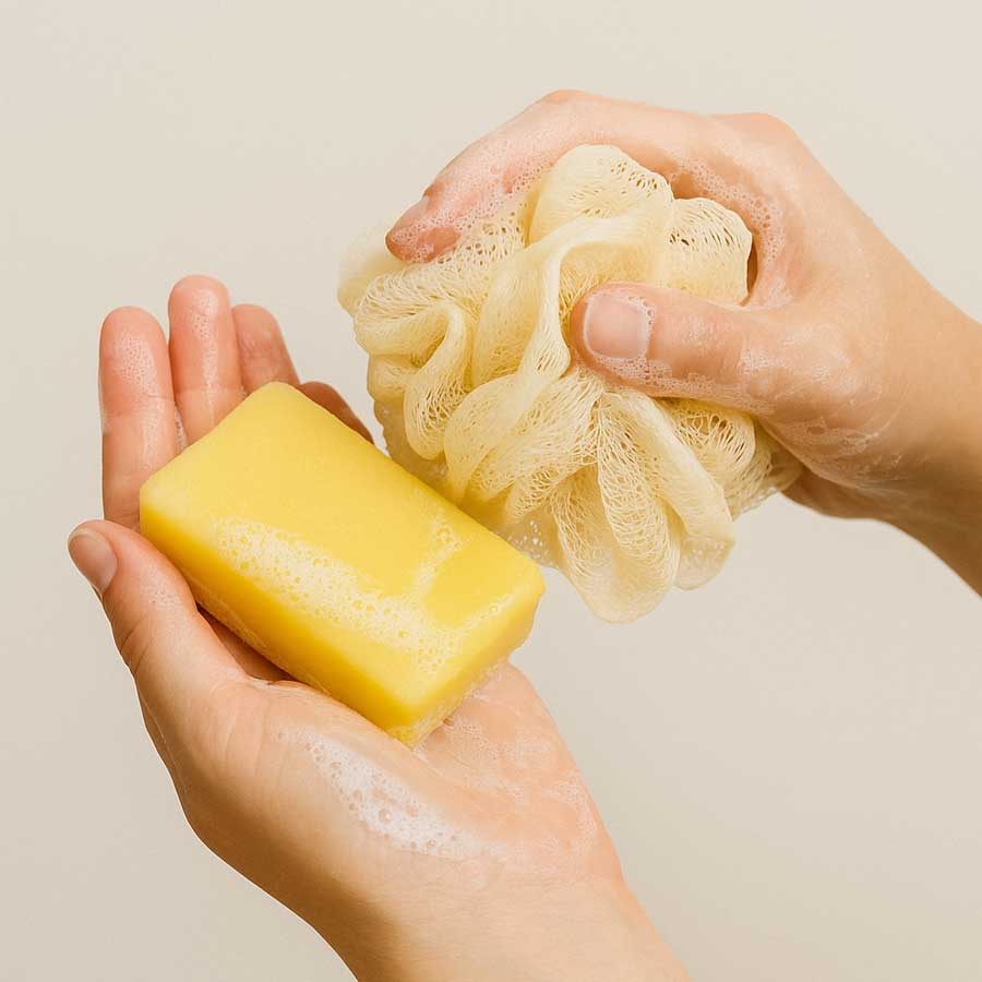 Hands holding a mammal free bar of soap and a loofah against a neutral background